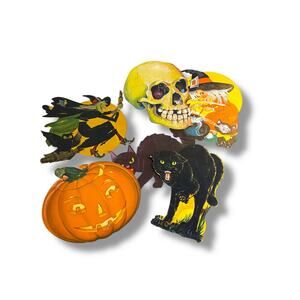 Lot of 6 Vintage Diecut Halloween Decorations Black Cat Witch Skull 7"